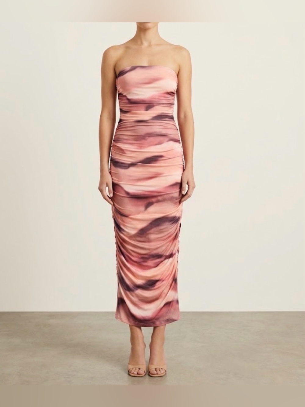 Steve Madden Tamika Ruched Mesh Tube Bodycon Dress Pink Purple Tie Dye Size S